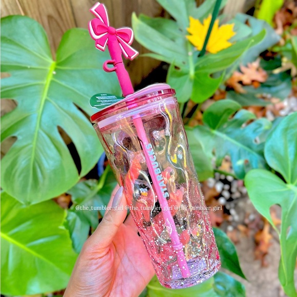 Starbucks Holiday Pink Snow Glass Tumbler with Bow Topper 18oz - Picture 2 of 6
